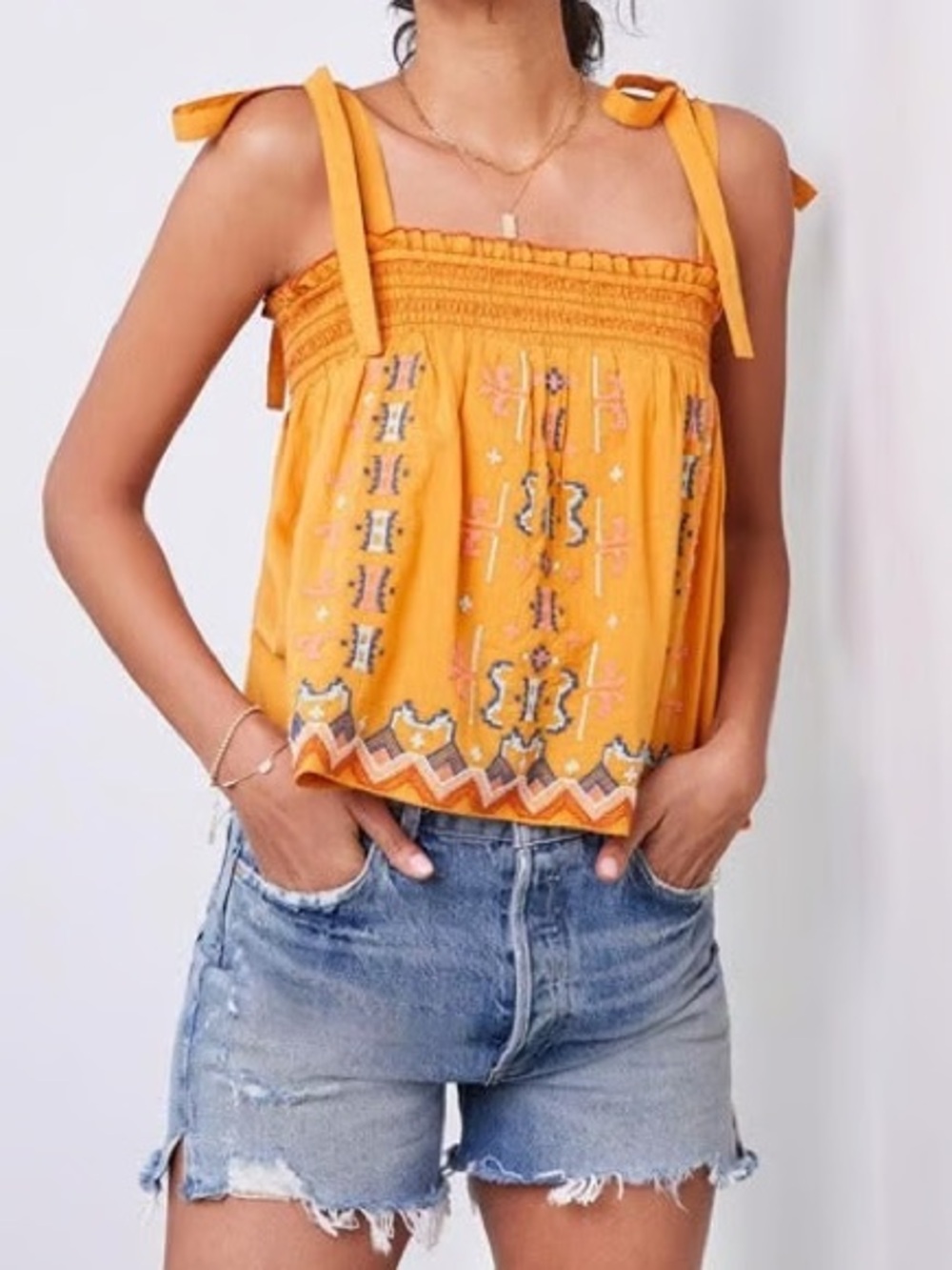 Anthropologie Embroidered Tie-Shoulder Swing Tank Top - Mustard Women’s Xs Boho